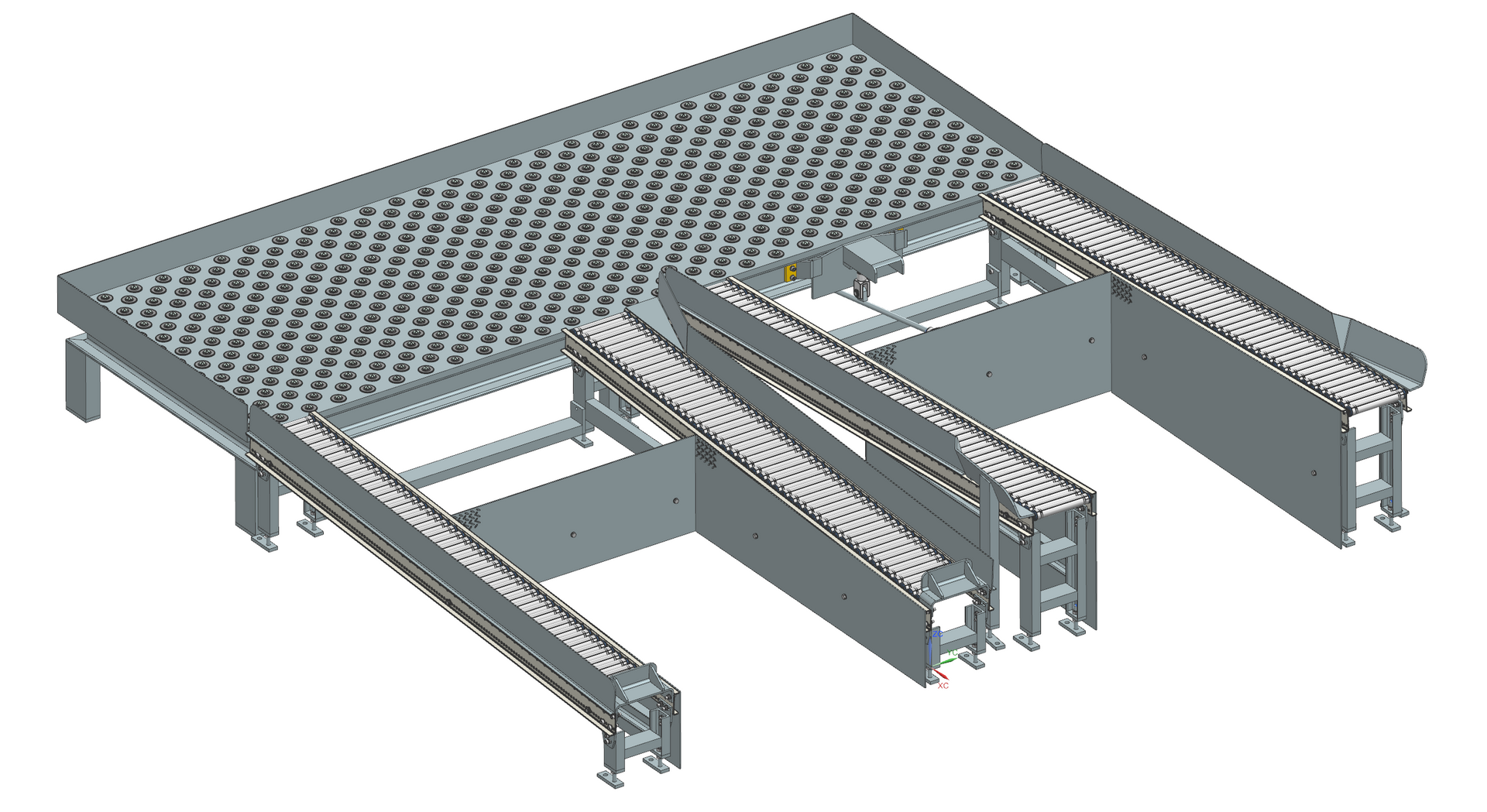 Ein industrielles Fördersystem mit Metallplattformen und abgewinkelten Förderbändern.