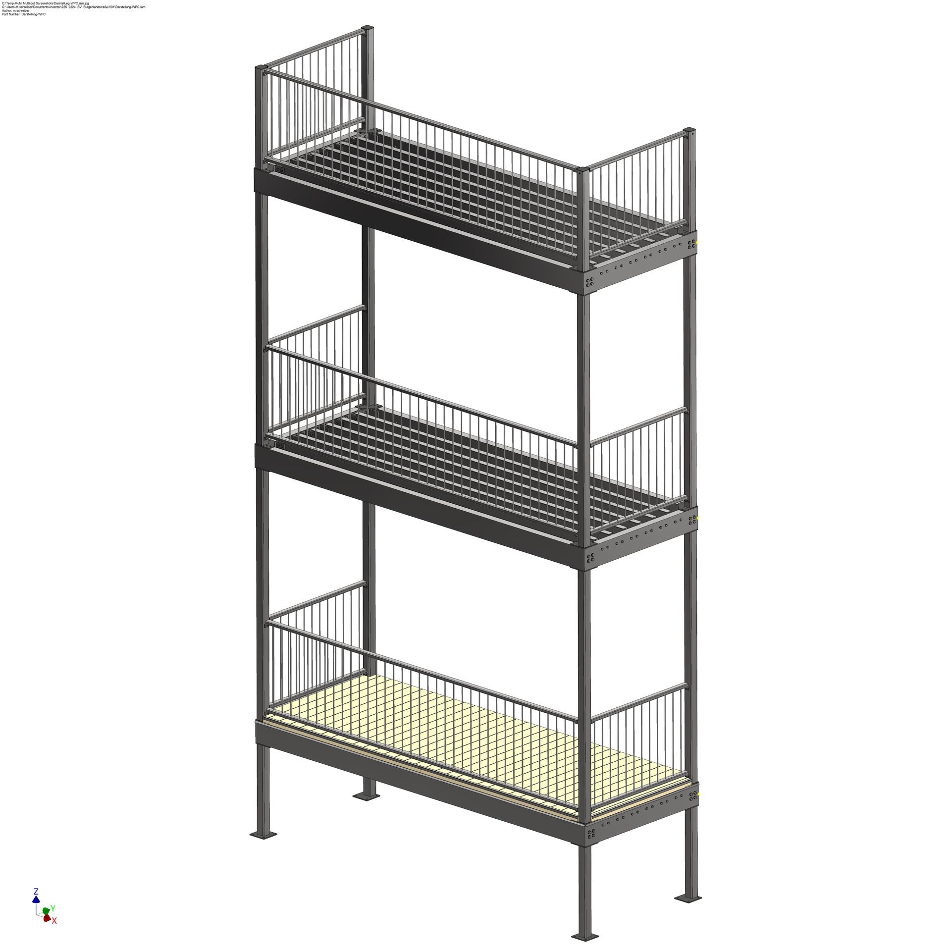 Dreistöckiges Metall-Etagenbett mit Geländer, die unterste Ebene mit heller Holzlattenrostplatte.