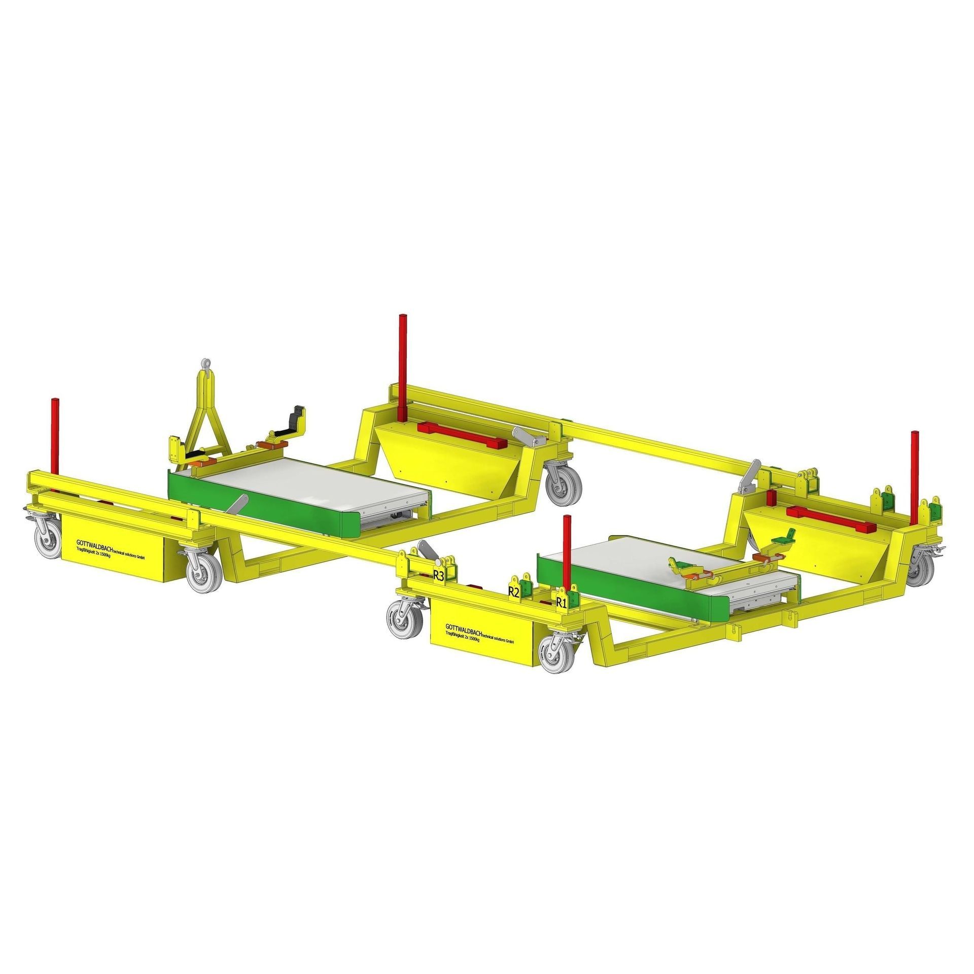 Gelbes Industriewagensystem mit Rädern und grünen Plattformen zum Transport von Materialien.