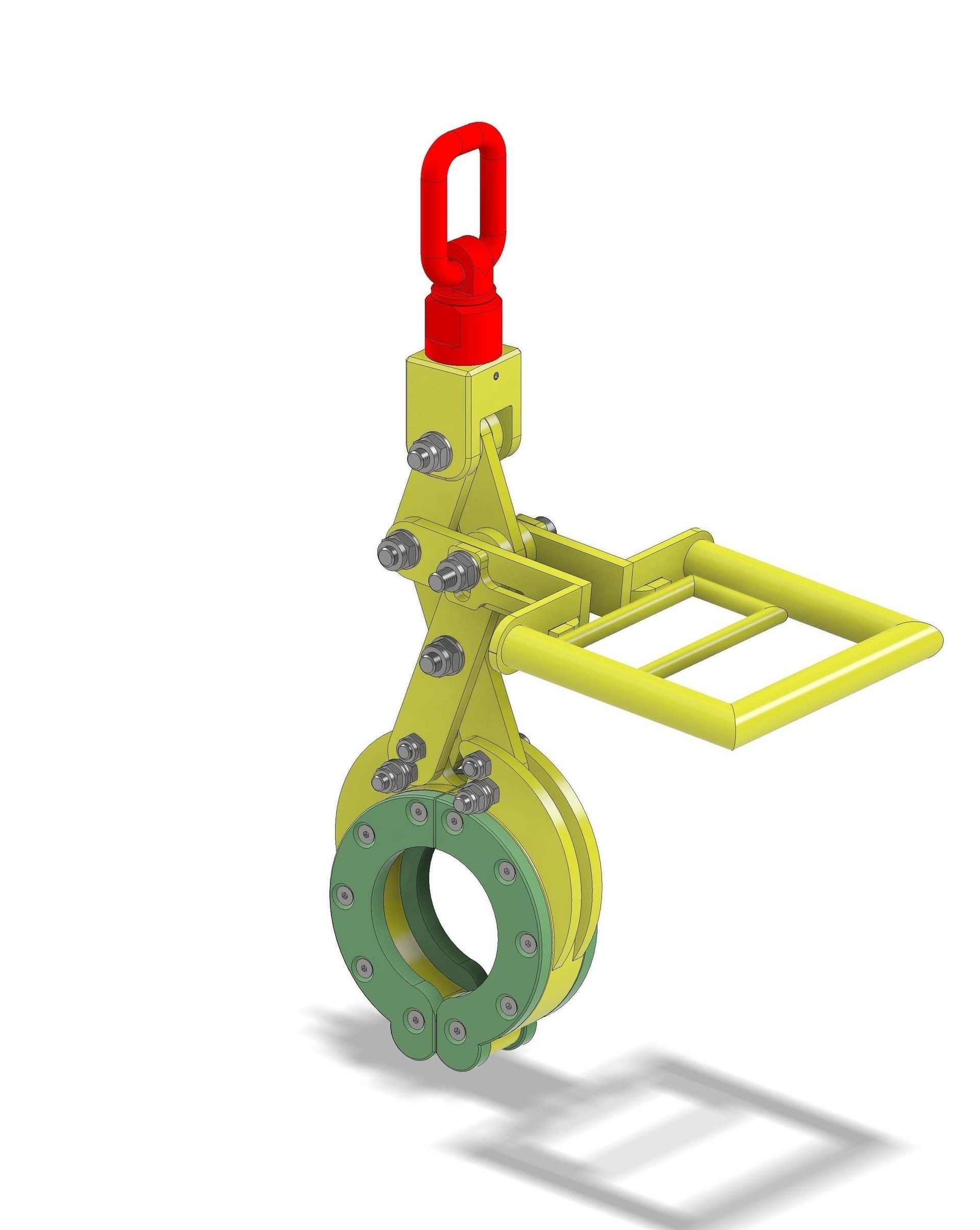 Gelb-grünes mechanisches Gerät mit einer roten Schlaufe oben und einem quadratischen Griff, der seitlich herausragt.