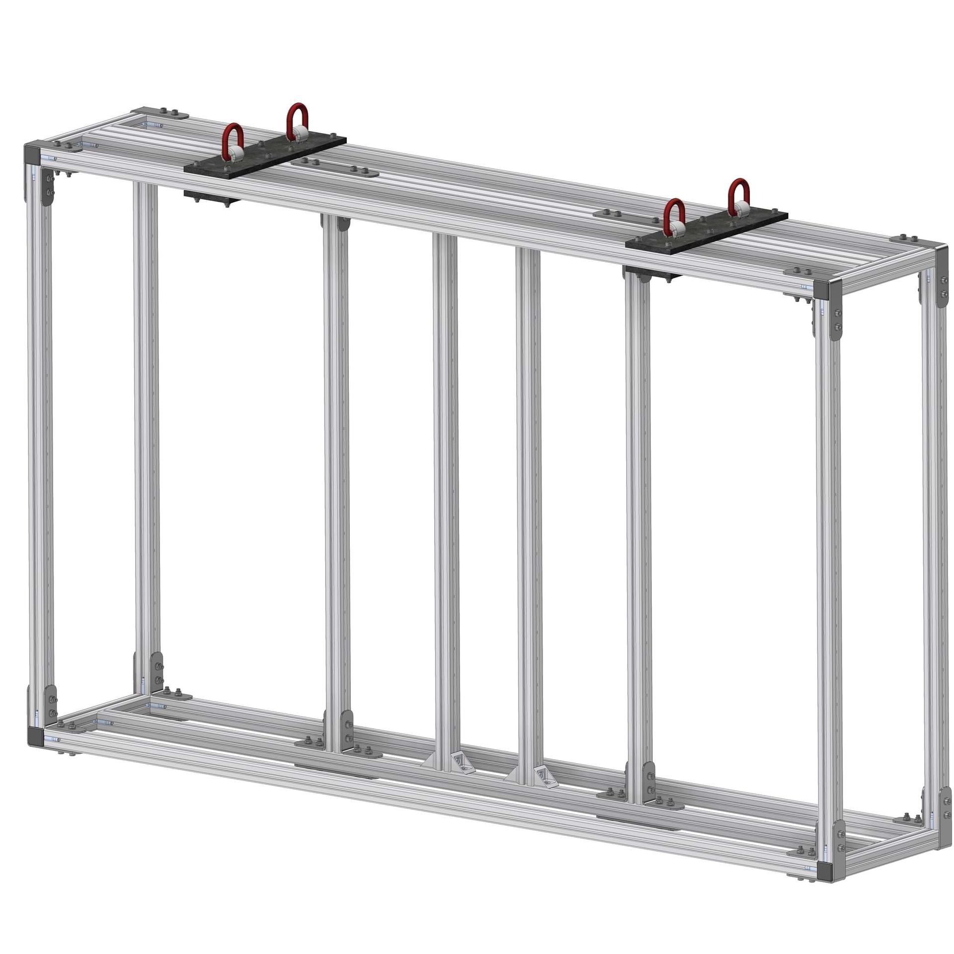 Aluminiumrahmen mit vertikalen Stützen und Hebehaken.