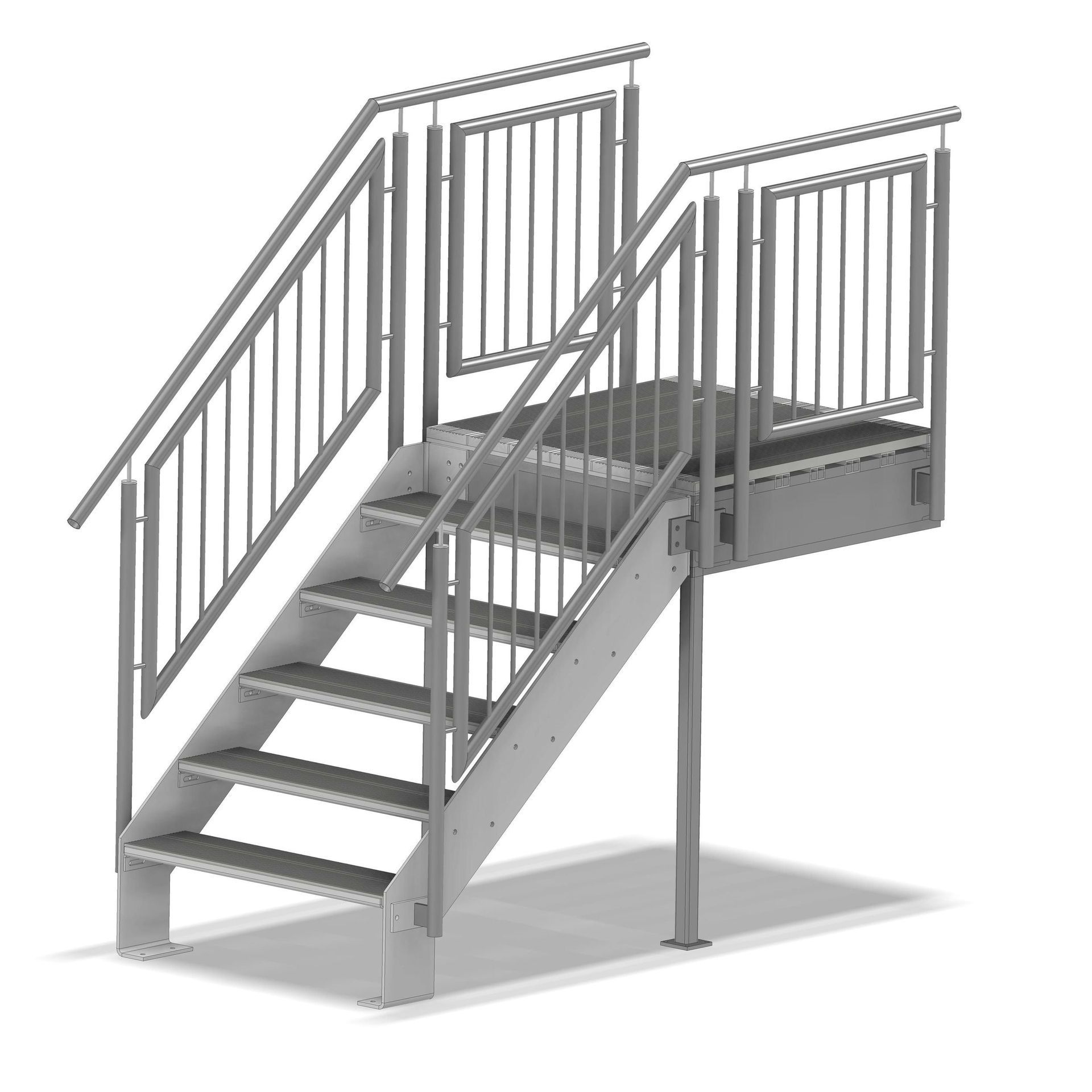 Metallische Außentreppe mit Handläufen, die zu einer kleinen Plattform führt.