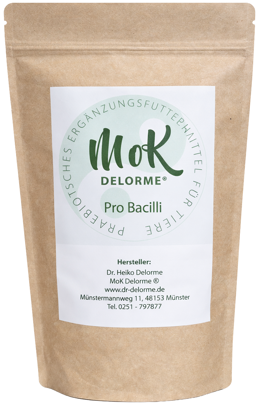 Flasche Mok Delorme Pro Feles Ergänzungsmittel für Katzen, dunkle Flüssigkeit, roter Verschluss.