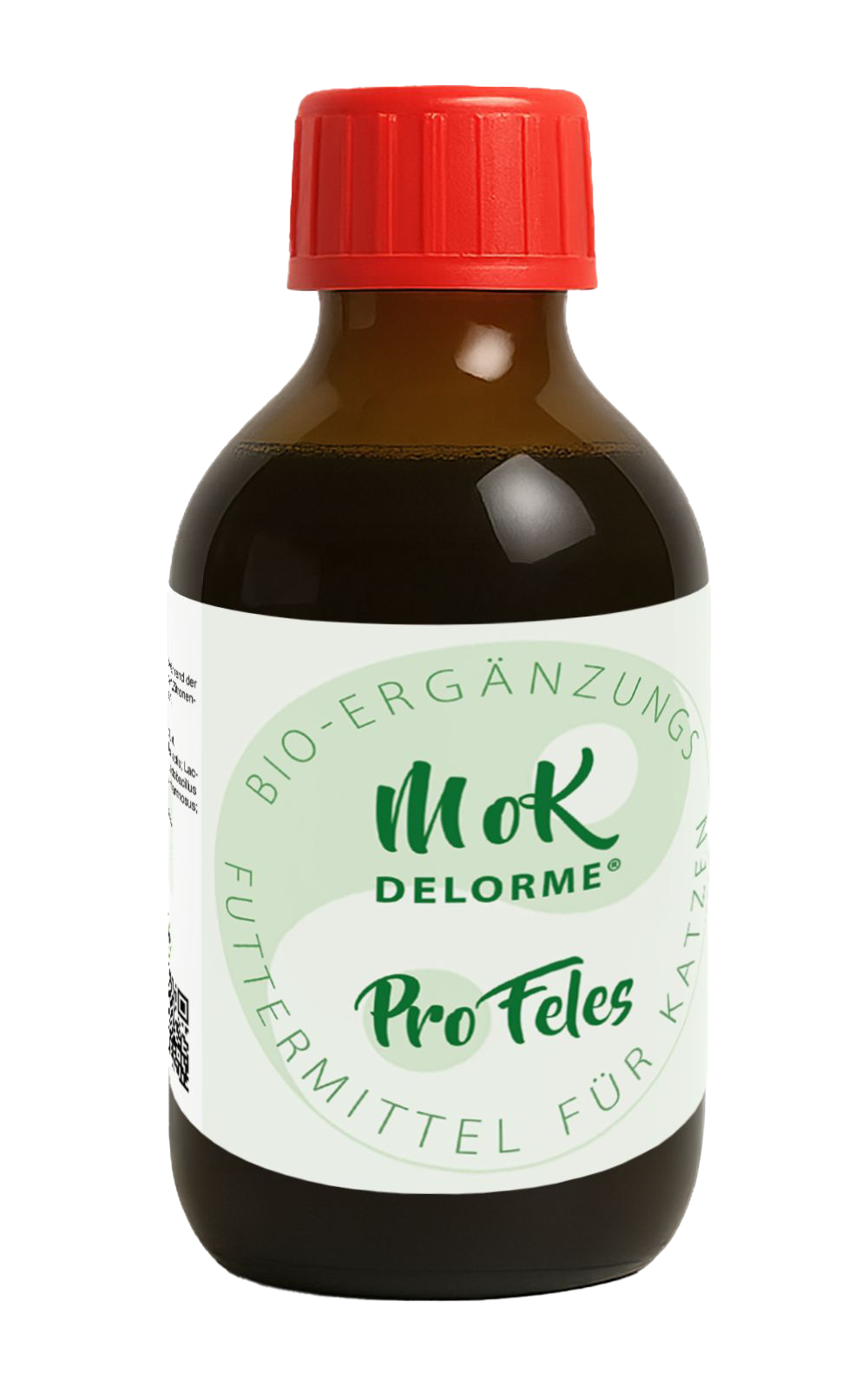 Flasche Mok Delorme Pro Feles Ergänzungsmittel für Katzen, dunkle Flüssigkeit, roter Verschluss.