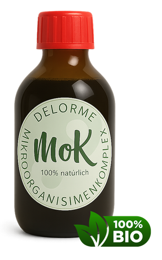 Eine Flasche Mok 100 % Bio mit rotem Deckel auf weißem Hintergrund.