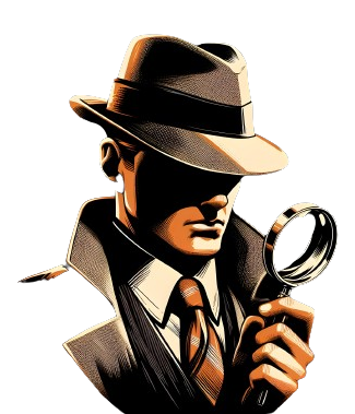 Détective avec un chapeau sur la tête et qui tiens une loupe dans sa main