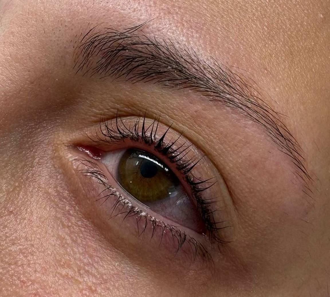 Primer plano de un ojo marrón con pestañas largas y una ceja bien arreglada.