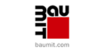 Logo für Baumit mit dem Firmennamen in schwarzer Schrift, einem roten Quadrat und der Website-URL in Grau.