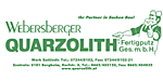 Logo für Webersberger Quarzolith mit Text und einer Comicfigur. Enthält Kontaktdaten und Website-Adresse.