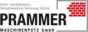 Firmenlogo der PRAMMER MASCHINENPUTZ GmbH mit roter Backstein-Ikonographie und Baudienstleistungstext in deutscher Sprache.