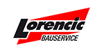 Firmenlogo für Lorencic Bauservice mit schwarzem Text auf einer roten horizontalen Pfeilspitze.