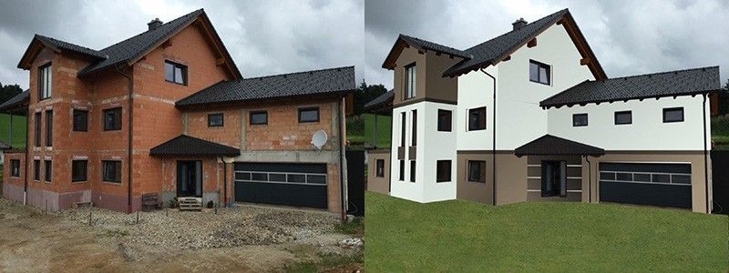Vorher-Nachher-Vergleich eines Hauses: Links die unfertige Backsteinfassade, rechts die fertig gestrichenen Wände.