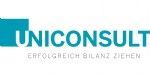 Das Logo von Uniconsult zeigt ein blaues quadratisches Symbol neben dem türkisfarbenen Text „UNICONSULT“ über dem Slogan „ERFOLGREICH BILANZ ZIEHEN“.