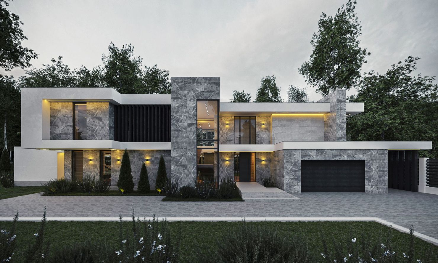 Ein modernes zweistöckiges Haus mit grauen Steinakzenten, einer Garage und warmer Außenbeleuchtung vor dem Hintergrund von Bäumen.