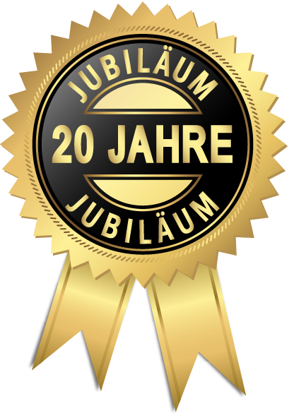 Ein runder, schwarz umrandeter Siegelring mit Bändern, auf dem in Goldschrift „JUBILÄUM“ und „20 JAHRE“ steht.