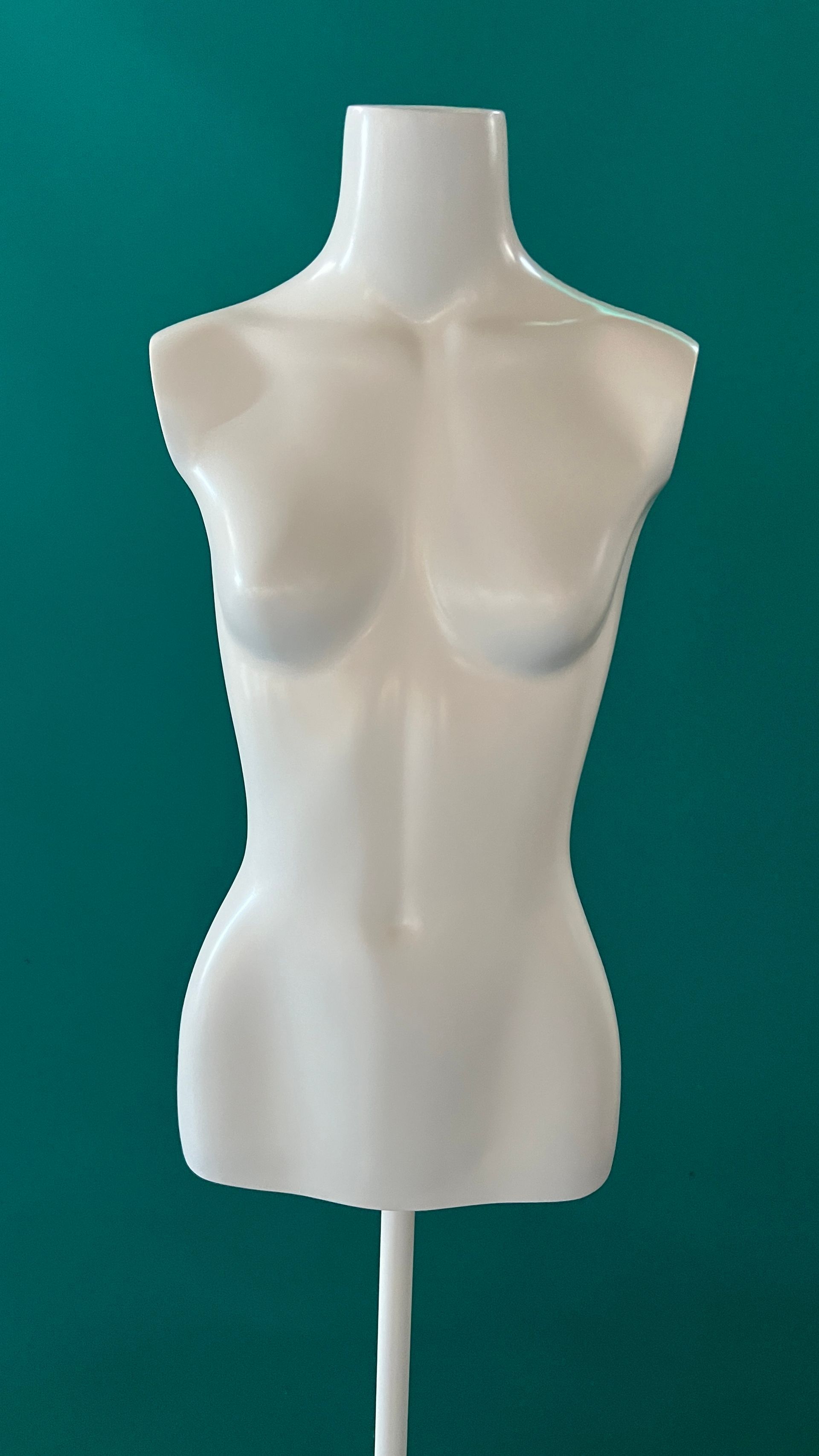 Un maniquí femenino blanco está parado frente a una pared verde.