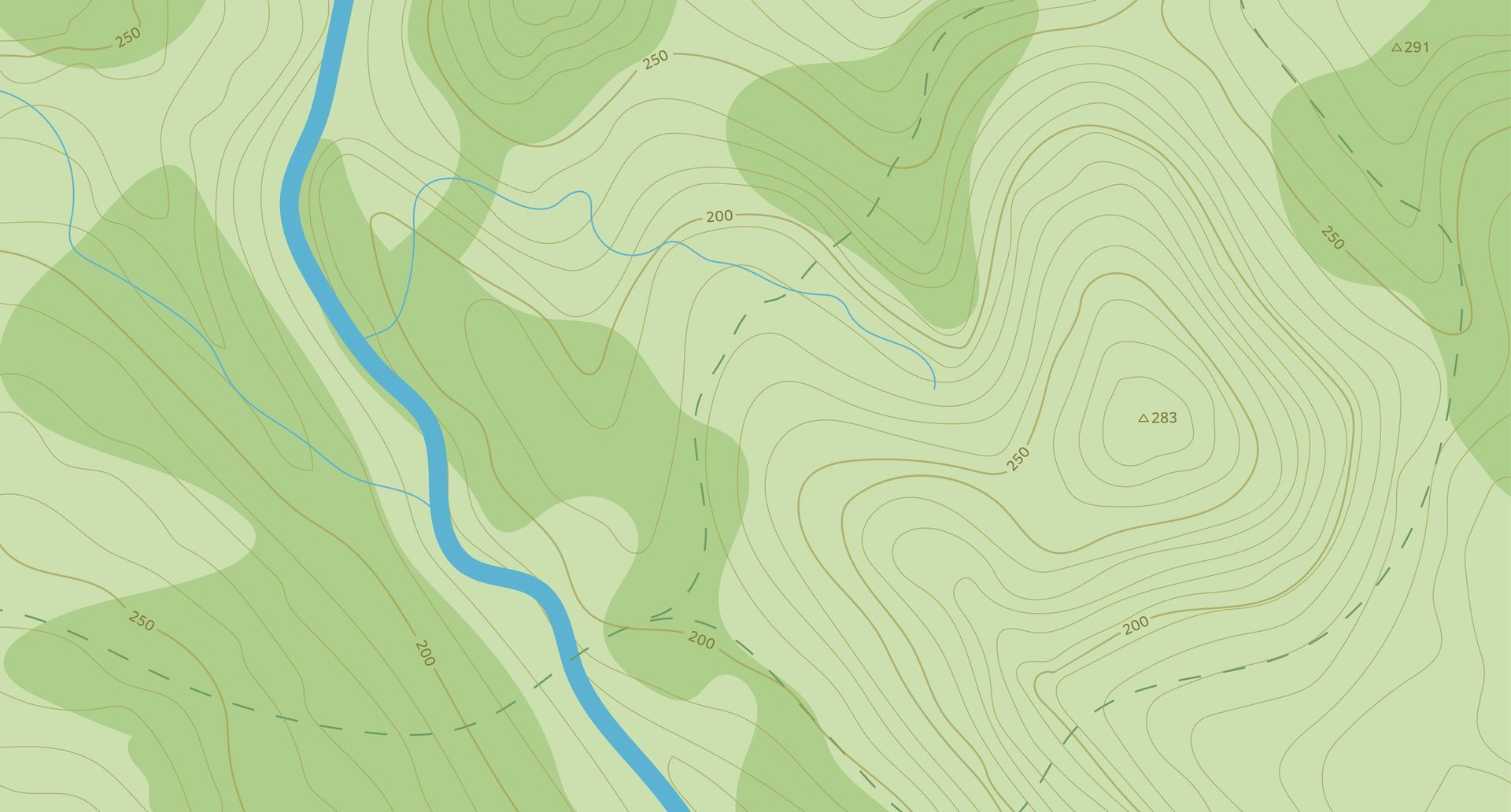 Carte topographique avec rivière bleue et courbes de niveau sur des zones ombrées en vert.