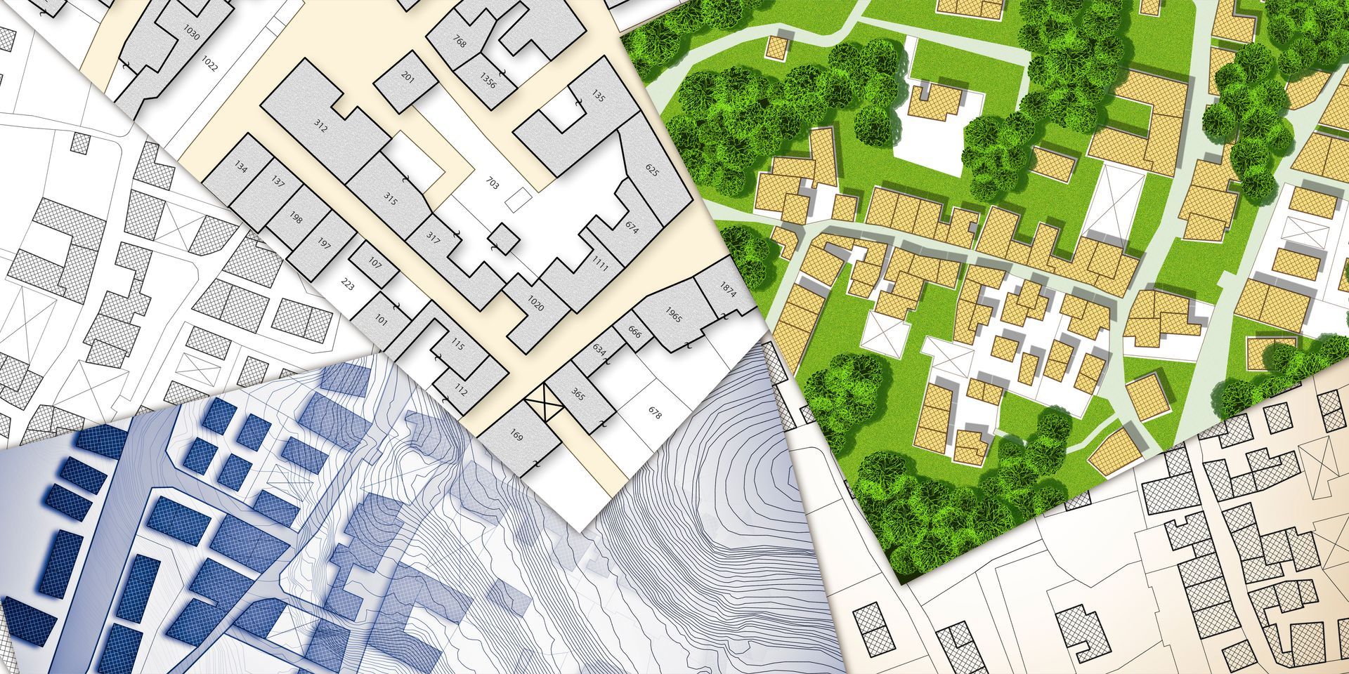 Superposition de cartes des bâtiments et du terrain. Plusieurs couleurs (vert, blanc, bleu et gris) sont visibles.