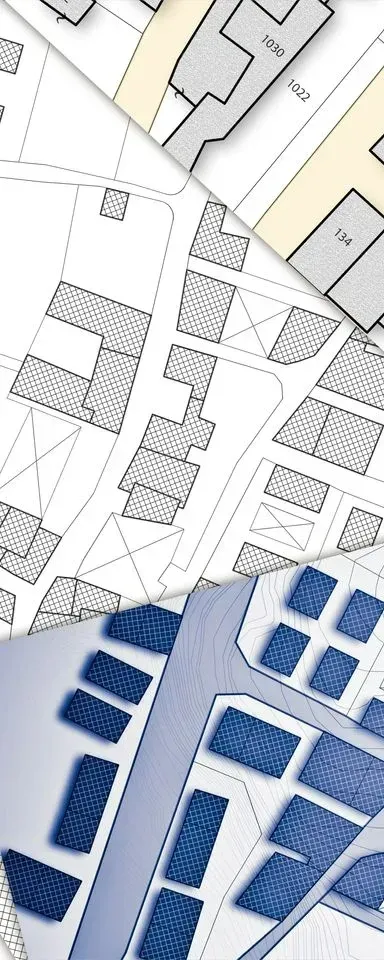 Cartes superposées montrant les bâtiments, les rues et les panneaux solaires.