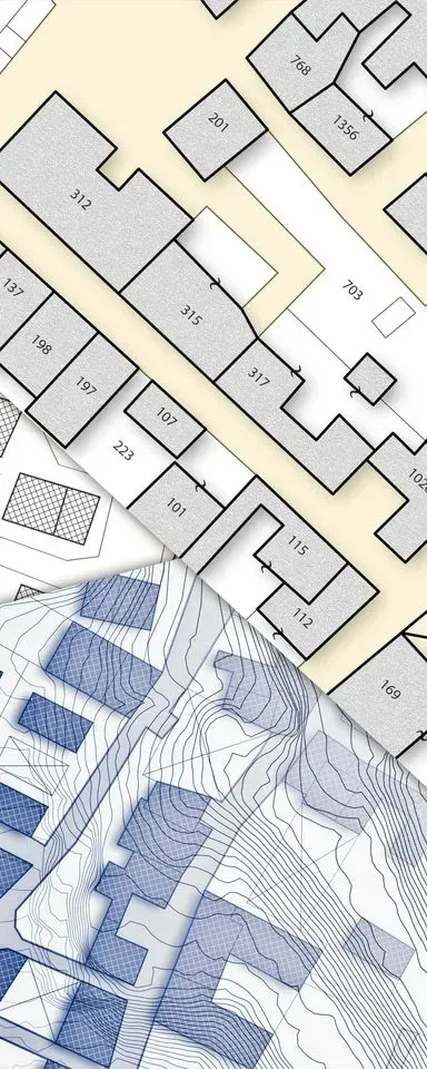 Superposition de cartes : l'une montre les contours des bâtiments, l'autre représente les lignes topographiques.