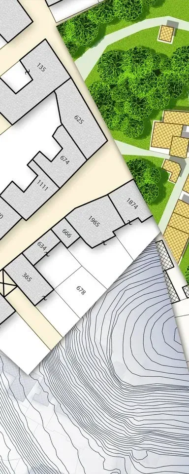 Superposition de cartes : lignes topographiques, plans de bâtiments et espaces verts.