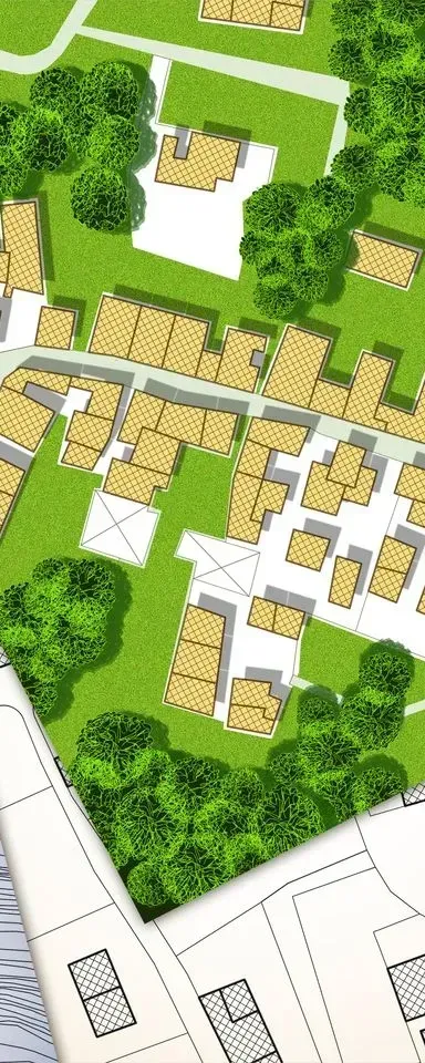 Plan architectural avec espaces verts, bâtiments et arbres, superposé à un plan détaillé.