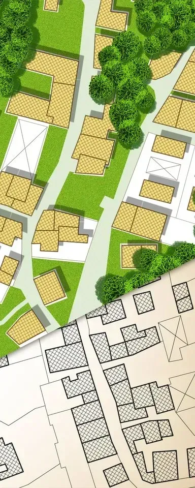 Superposition de plans architecturaux d'un quartier avec bâtiments, arbres et routes.