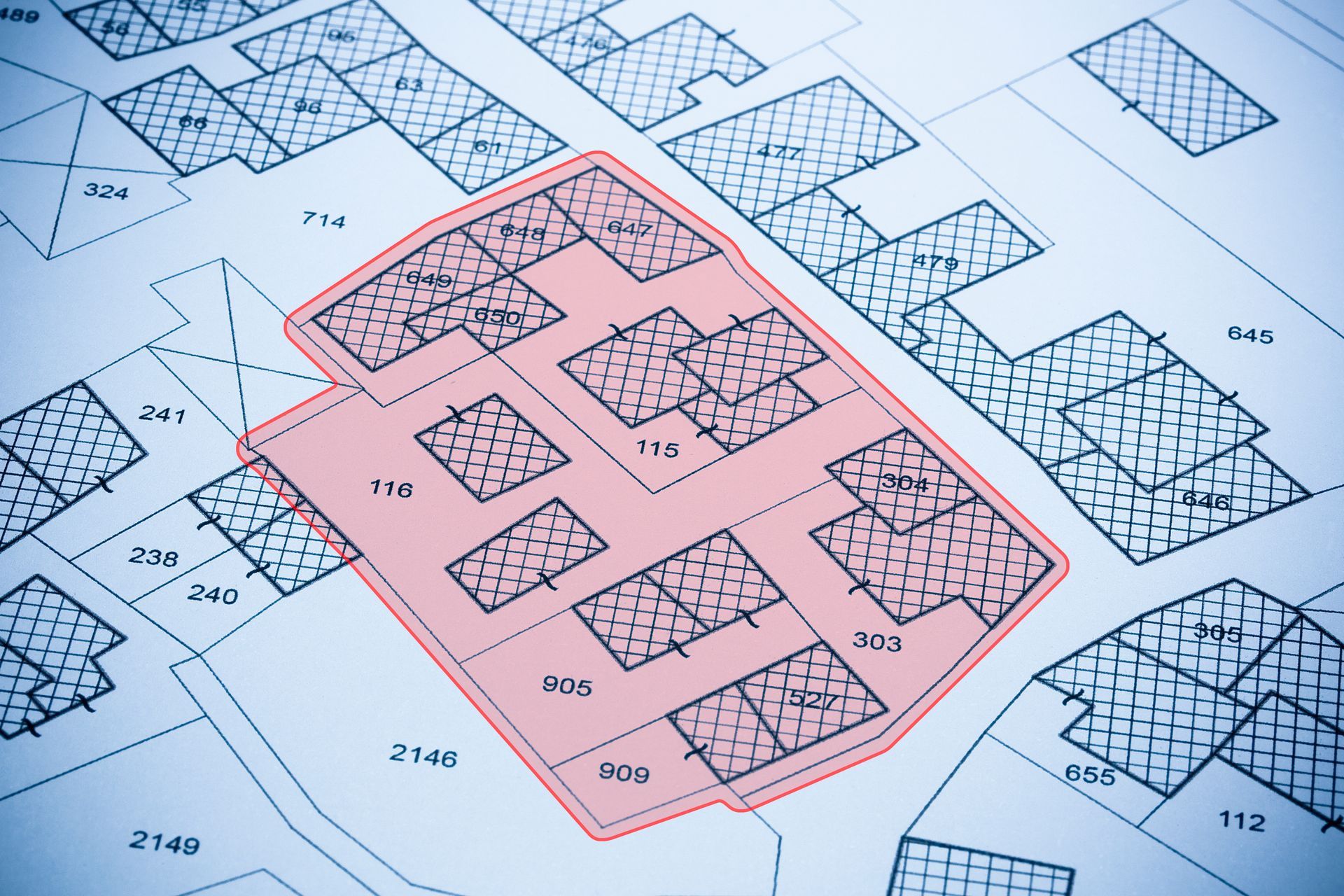 Carte topographique montrant les contours de plusieurs bâtiments, une zone étant mise en évidence en rouge.