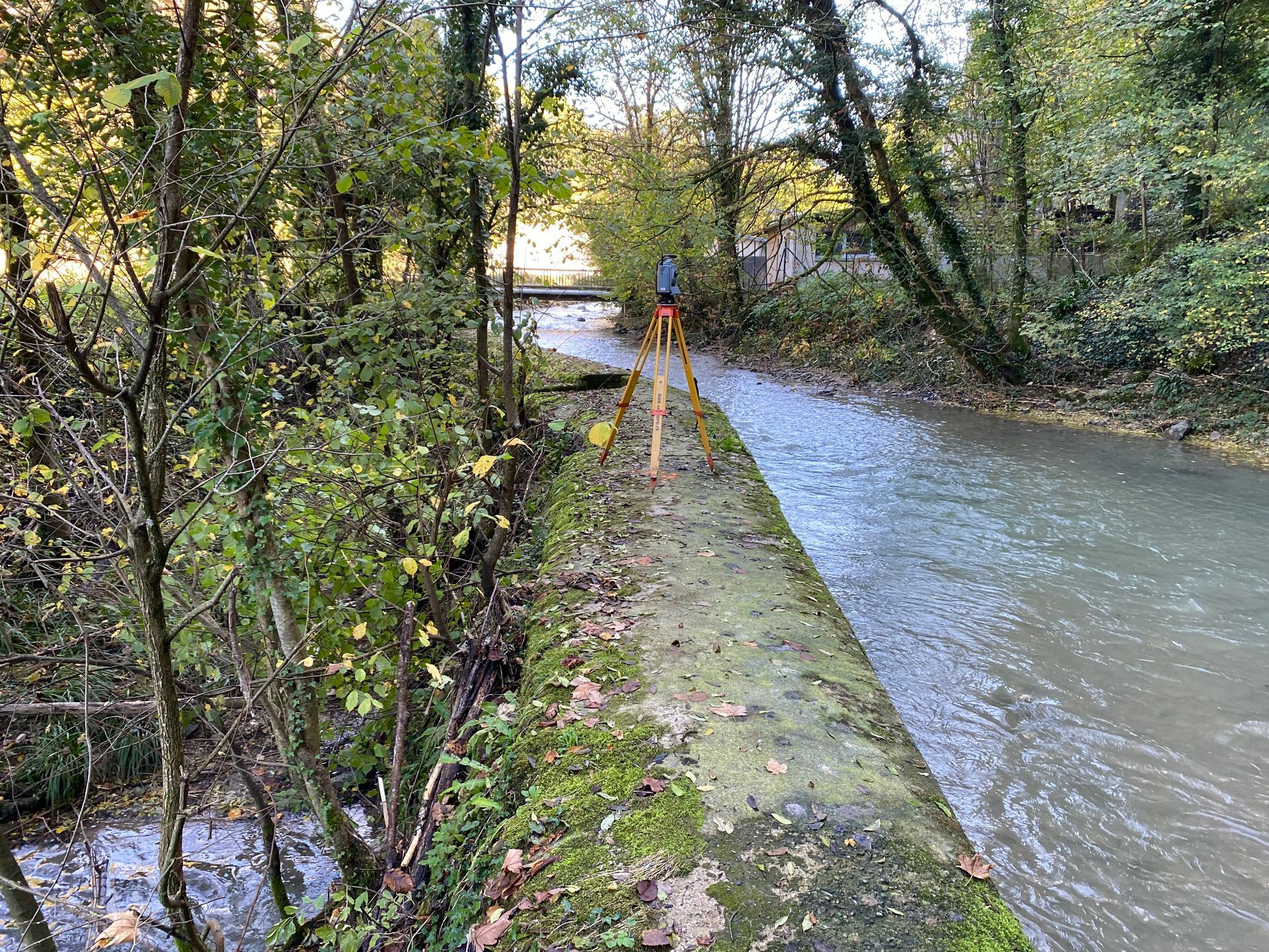 Du matériel topographique installé sur une berge recouverte de mousse, au bord d'une rivière, avec des arbres.