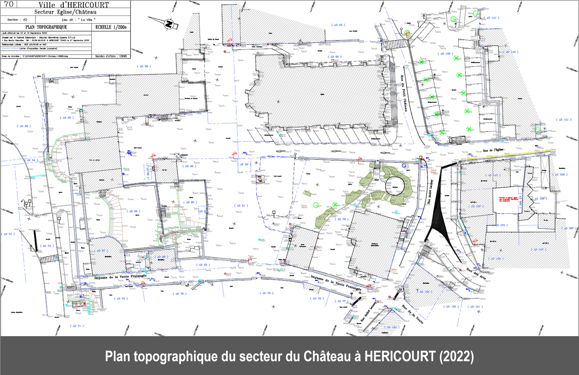 Plan topographique du secteur Château à HERICOURT en 2022. Avec les bâtiments et les caractéristiques du terrain.