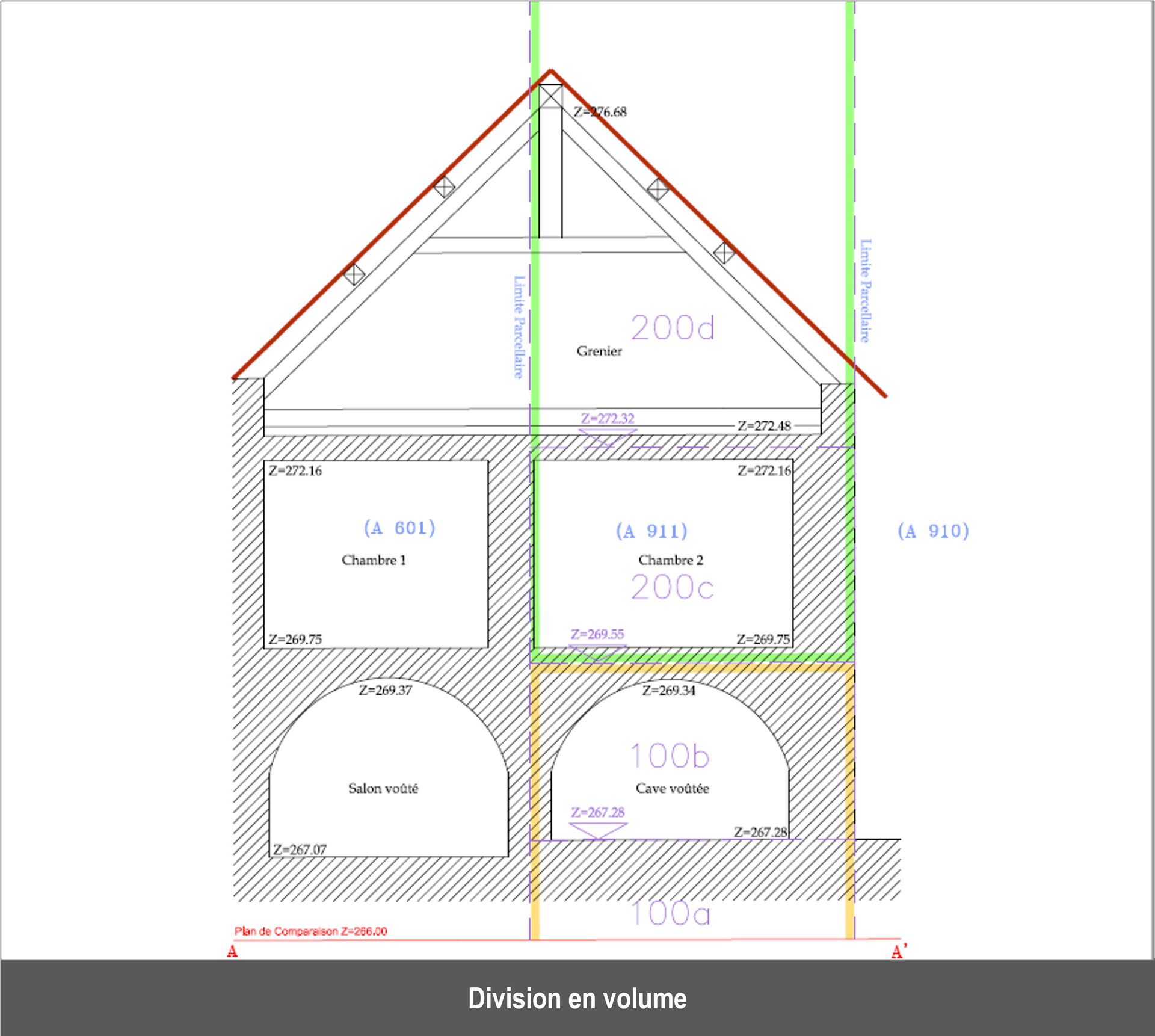 Coupe architecturale d'un bâtiment à plusieurs niveaux, montrant les pièces et un toit à deux pans.