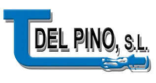 Logotipo con la inscripci&oacute;n &ldquo;DEL PINO, SL&rdquo; y un gr&aacute;fico de tubo o soporte estilizado en color azul.