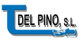 Logotipo con la inscripci&oacute;n &ldquo;DEL PINO, SL&rdquo; y un gr&aacute;fico de tubo o soporte estilizado en color azul.
