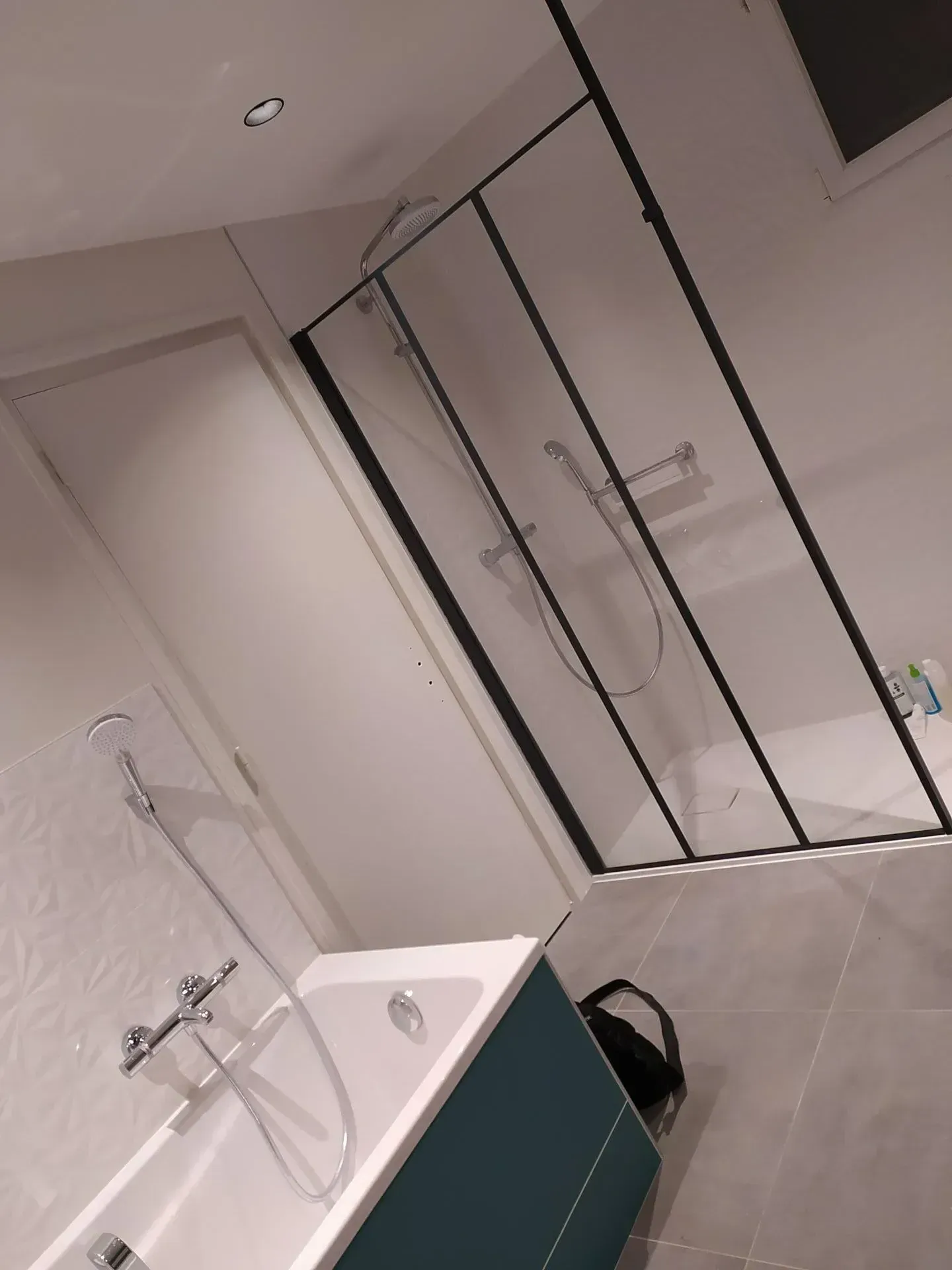 Douche avec paroi vitrée et baignoire