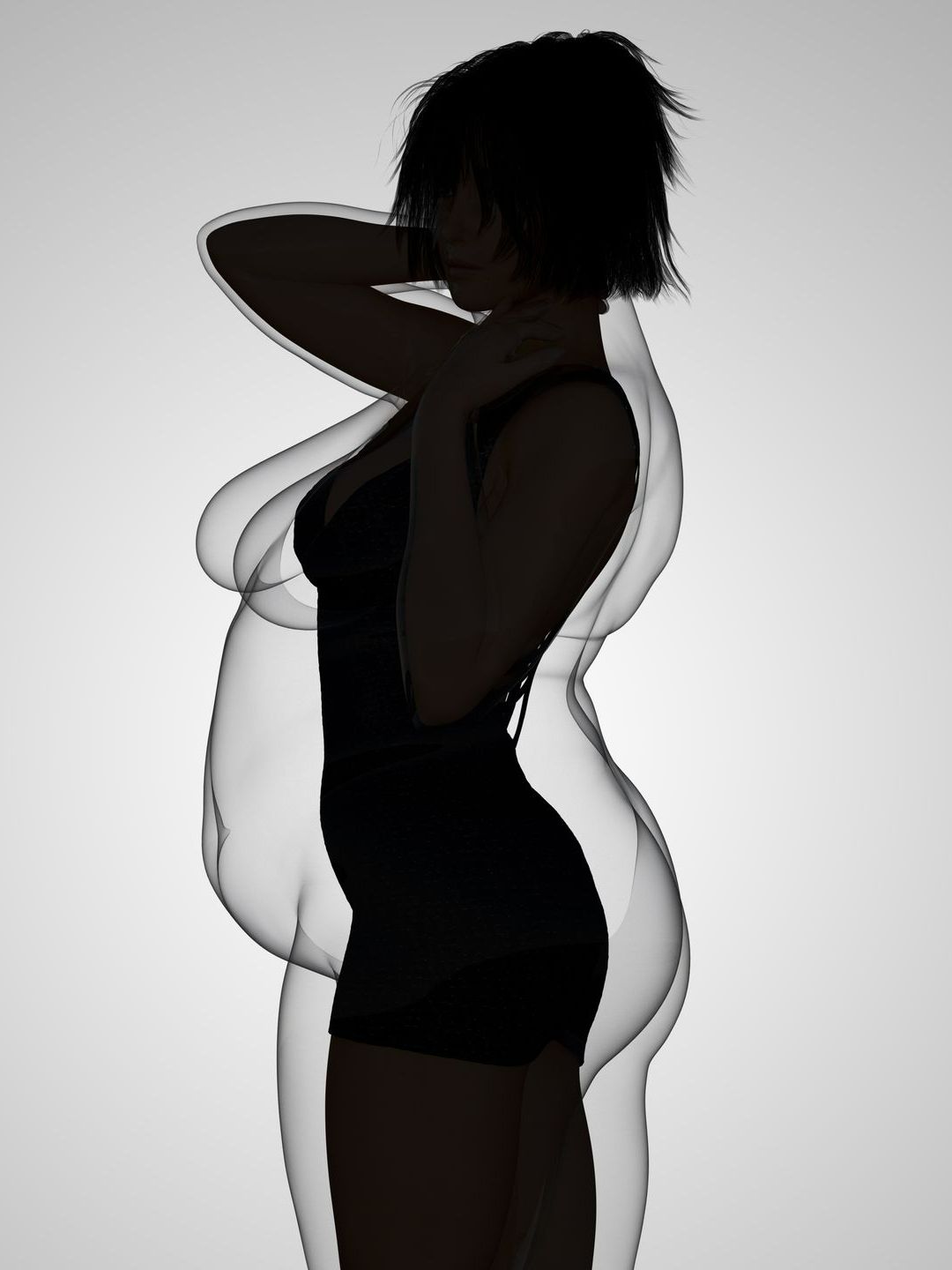 Silhouette de femme mince surimprimée en transparence par des femmes plus grosses