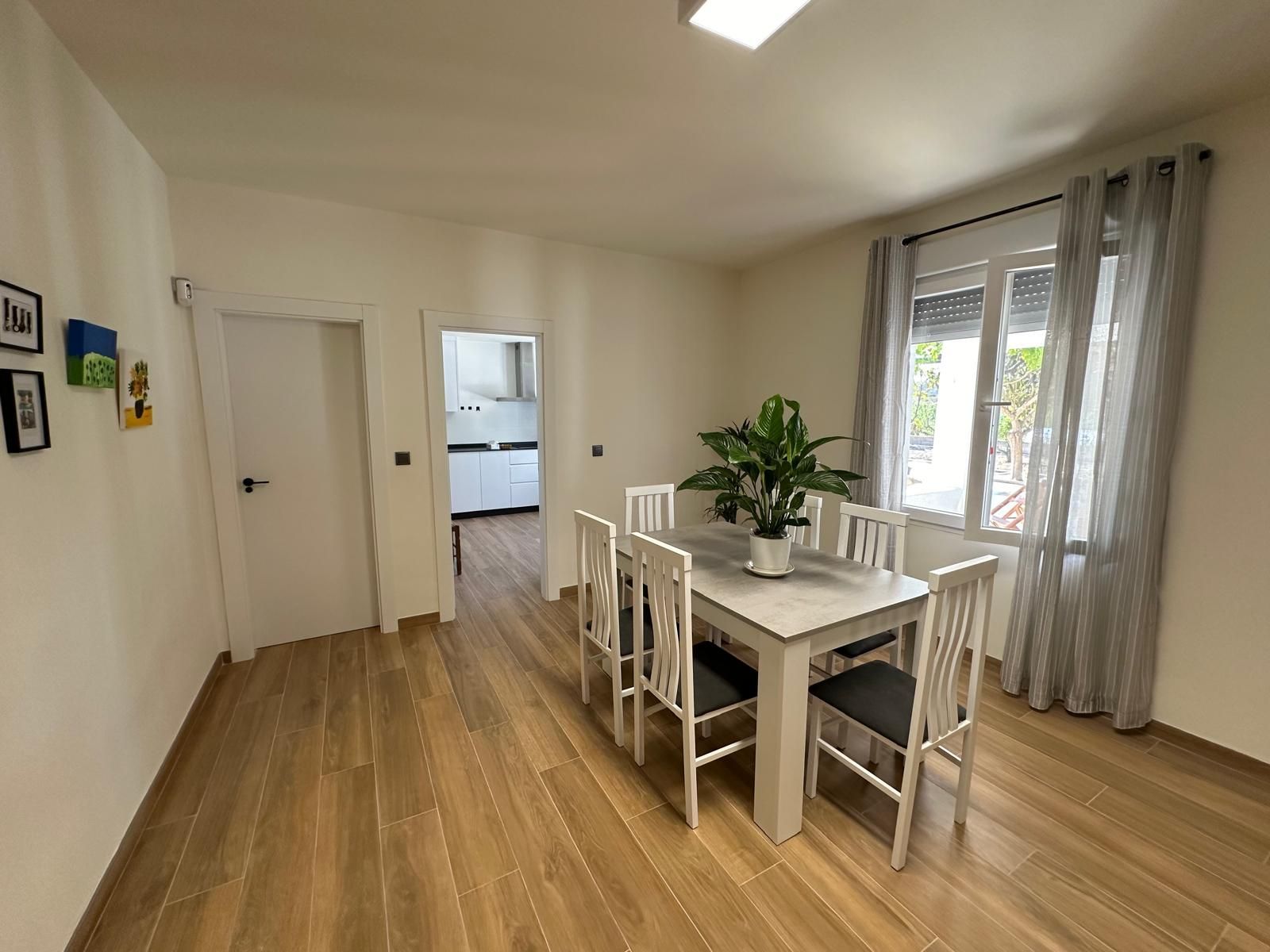 Comedor con pisos de madera, mesa, sillas, planta y ventana con cortinas.