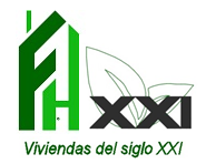 Logotipo para "Viviendas del siglo XXI" con casa verde estilizada, iniciales "FH", hoja y "XXI" en negro.