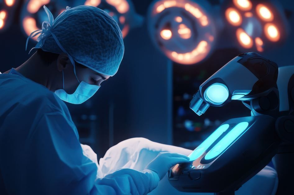 Cirujano en quirófano, operando a un paciente con la ayuda de un asistente quirúrgico robótico.