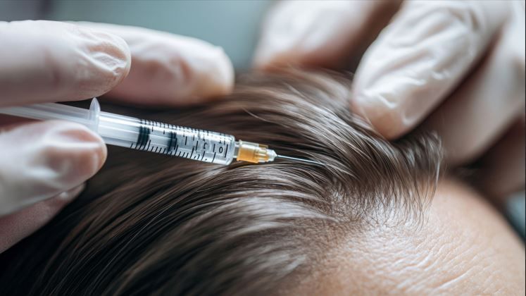 Mano enguantada inyectando el cuero cabelludo con una jeringa; tratamiento de restauración capilar.
