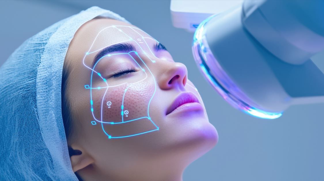 Mujer con los ojos cerrados bajo una máquina de rejuvenecimiento facial. 