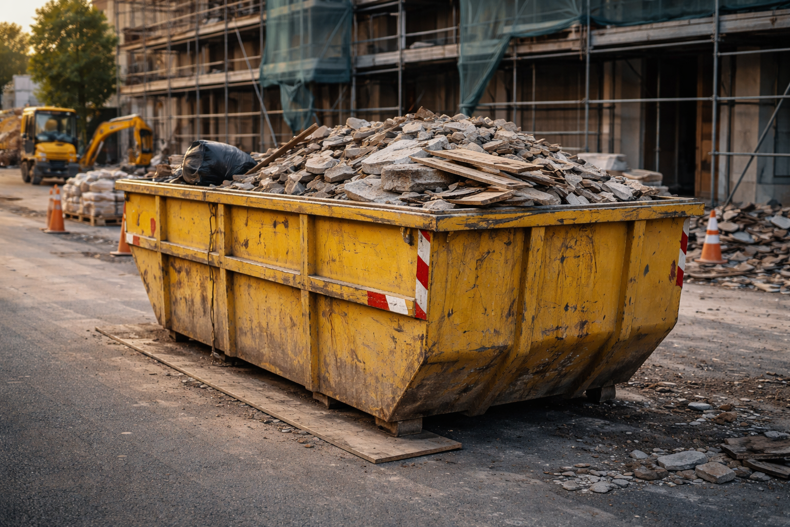 Une benne jaune remplie de débris de construction est stationnée dans une rue près d'un bâtiment en construction.