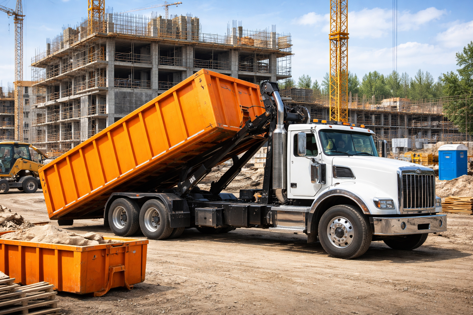 Un camion blanc soulève une benne à ordures orange sur un chantier de construction.