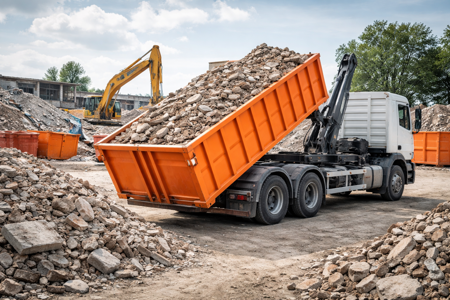 Camion orange soulevant un conteneur rempli de gravats sur un chantier de construction ; excavatrice en arrière-plan.