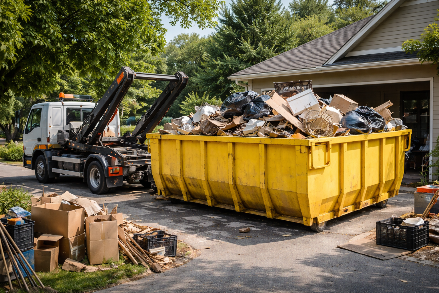 Un conteneur jaune rempli de débris se trouve à côté d'un camion dans une allée.