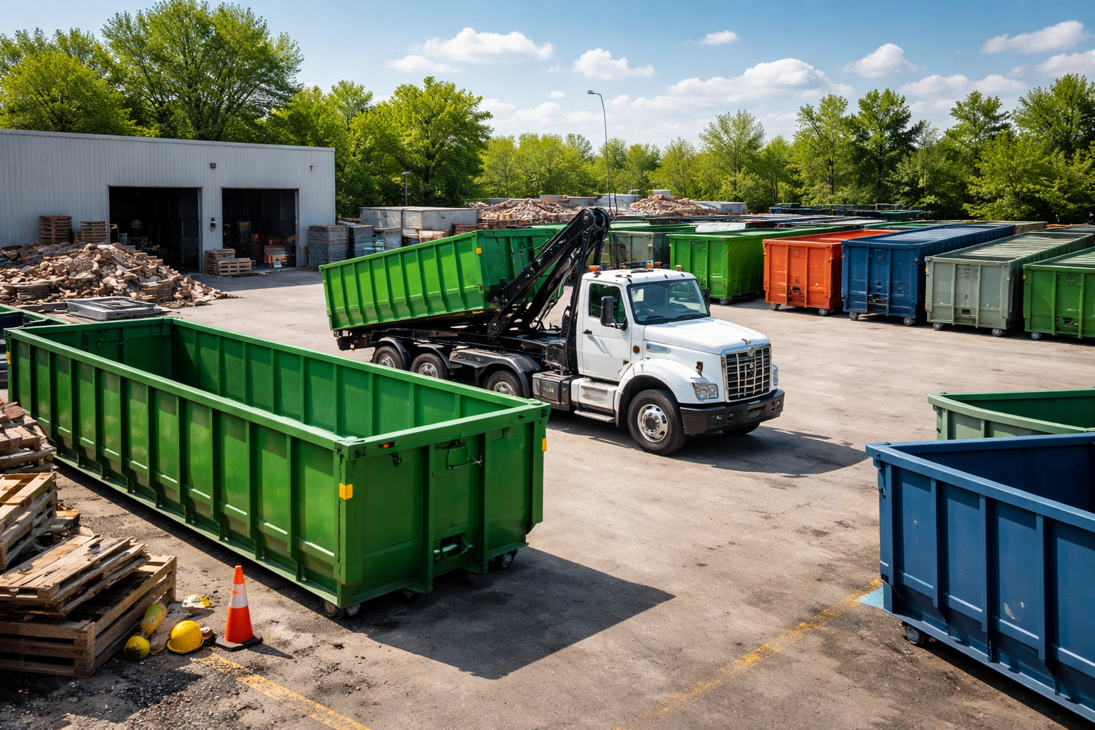 Un camion blanc à bras élévateur charge une benne verte, entourée d'autres bennes, dans une cour.