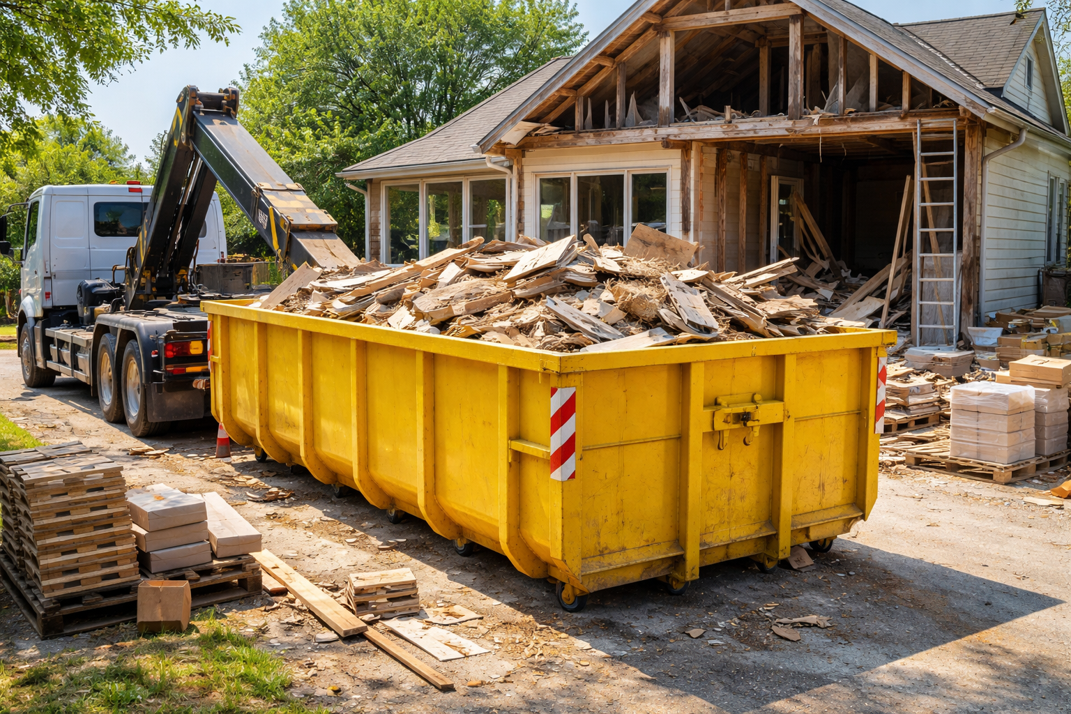 Un conteneur jaune rempli de débris se trouve à côté d'une maison en rénovation, la grue d'un camion le chargeant.