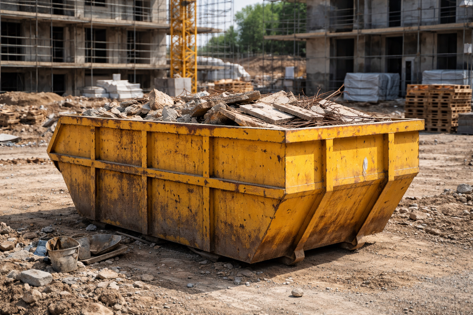 Benne à ordures jaune remplie de débris de construction, placée sur un chantier.