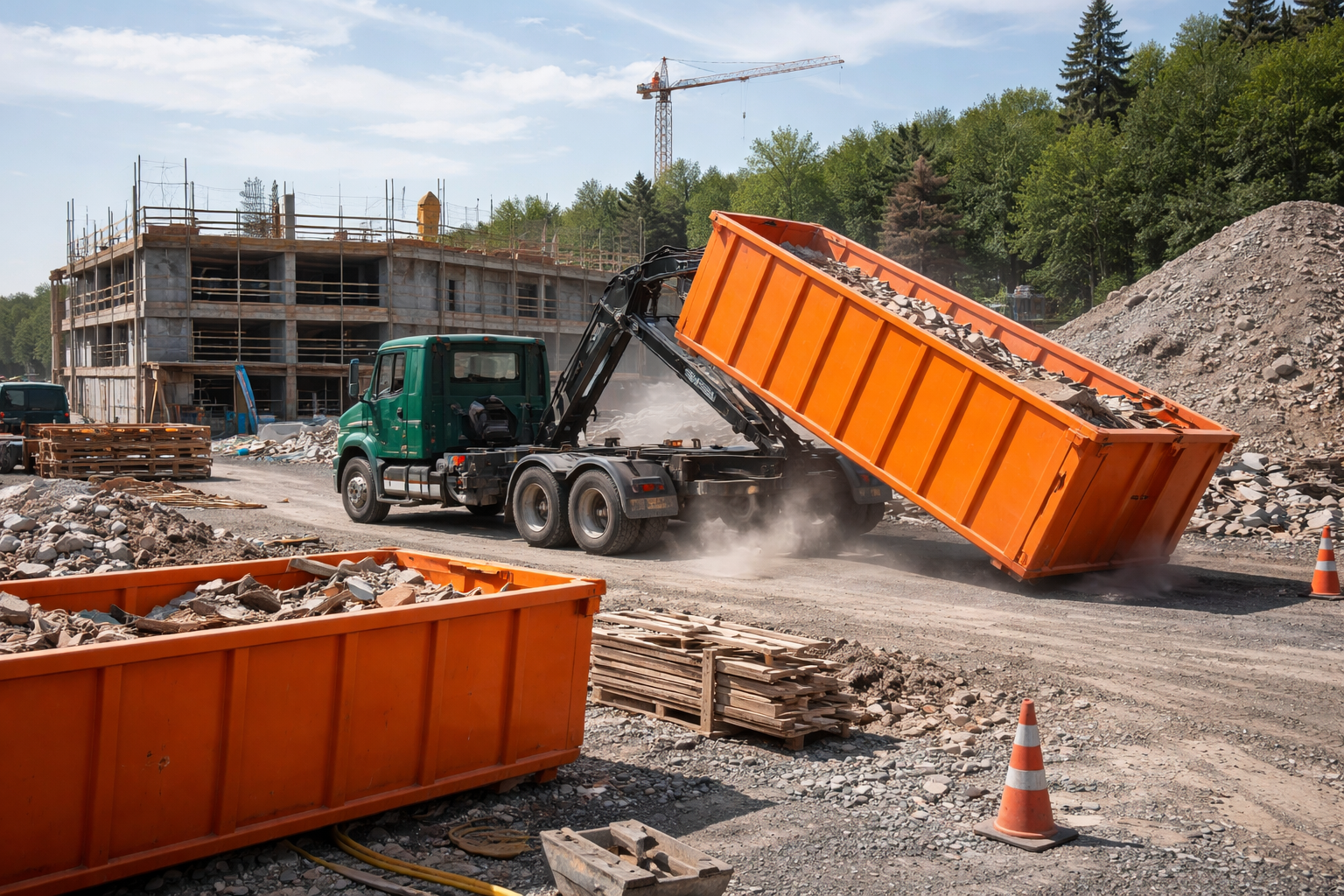 Camion-benne déchargeant des débris sur un chantier de construction, conteneur orange, bâtiment en arrière-plan.