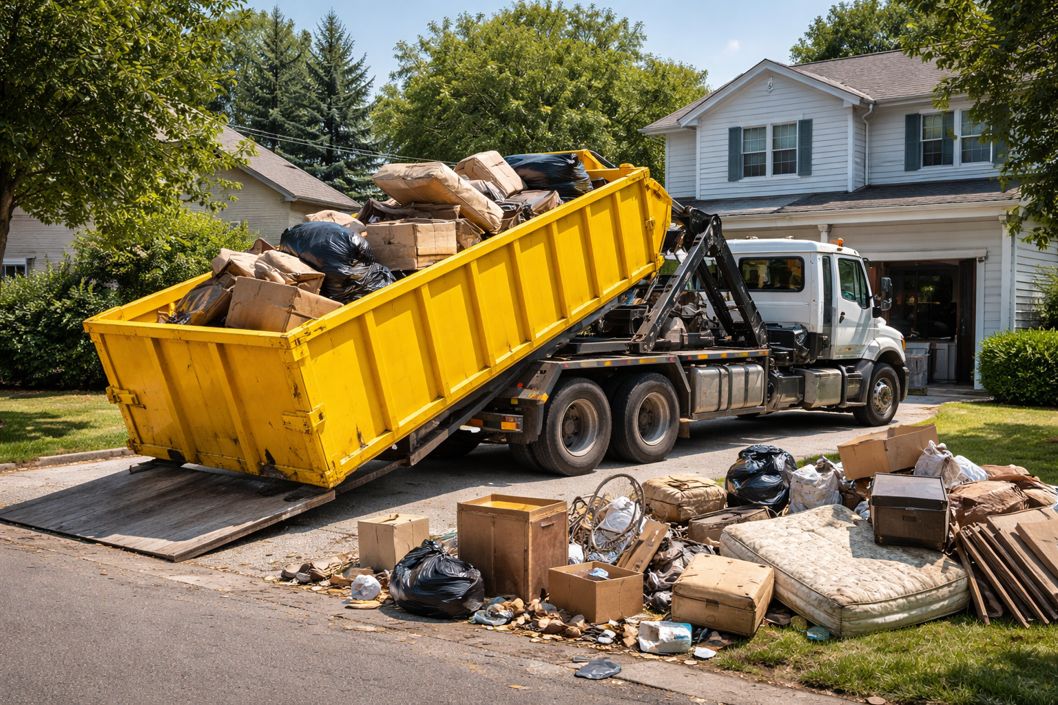 Un camion remplit une benne à ordures jaune devant une maison ; elle déborde.