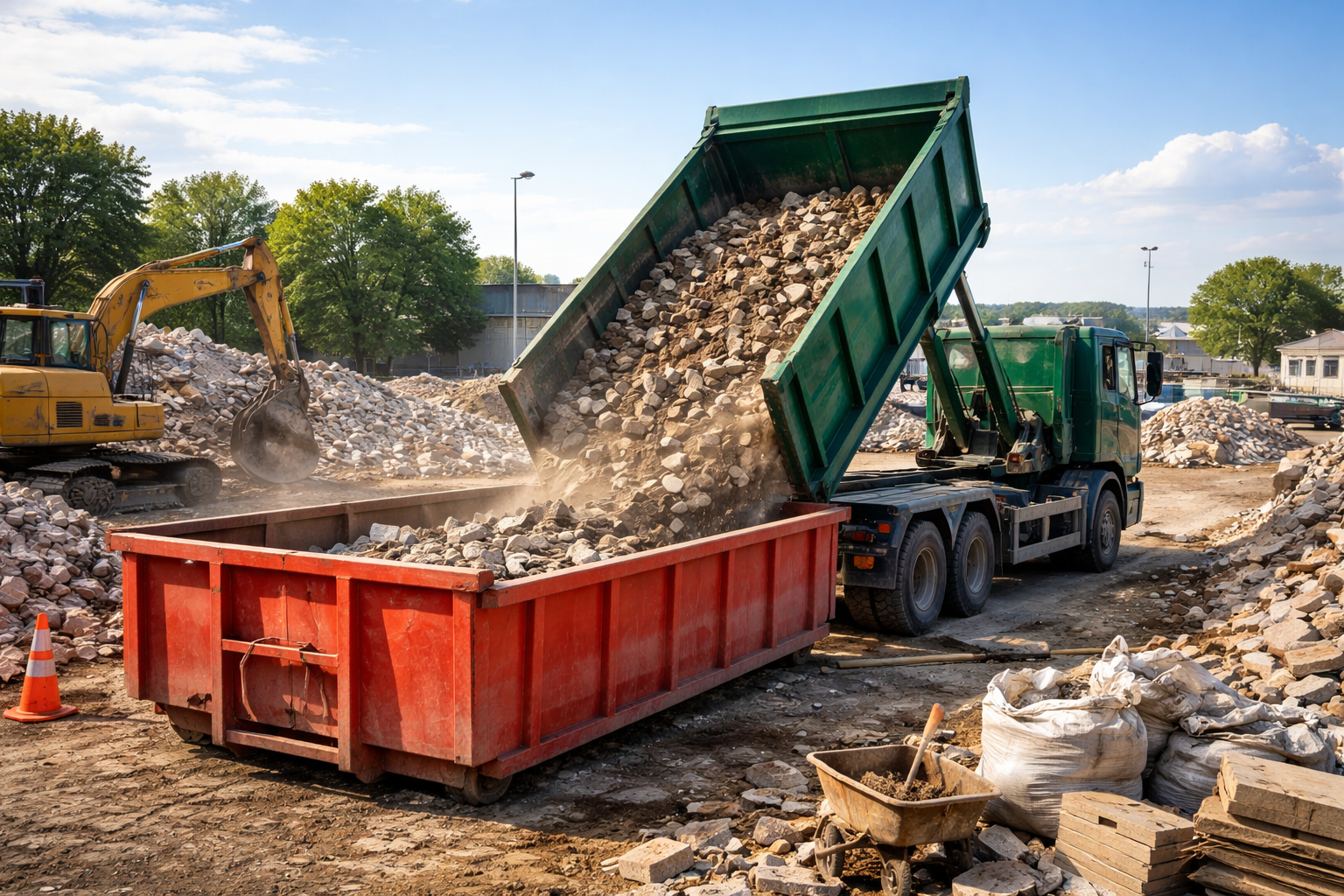 Un camion déverse des gravats dans une benne rouge sur un chantier ; une excavatrice est visible en arrière-plan.